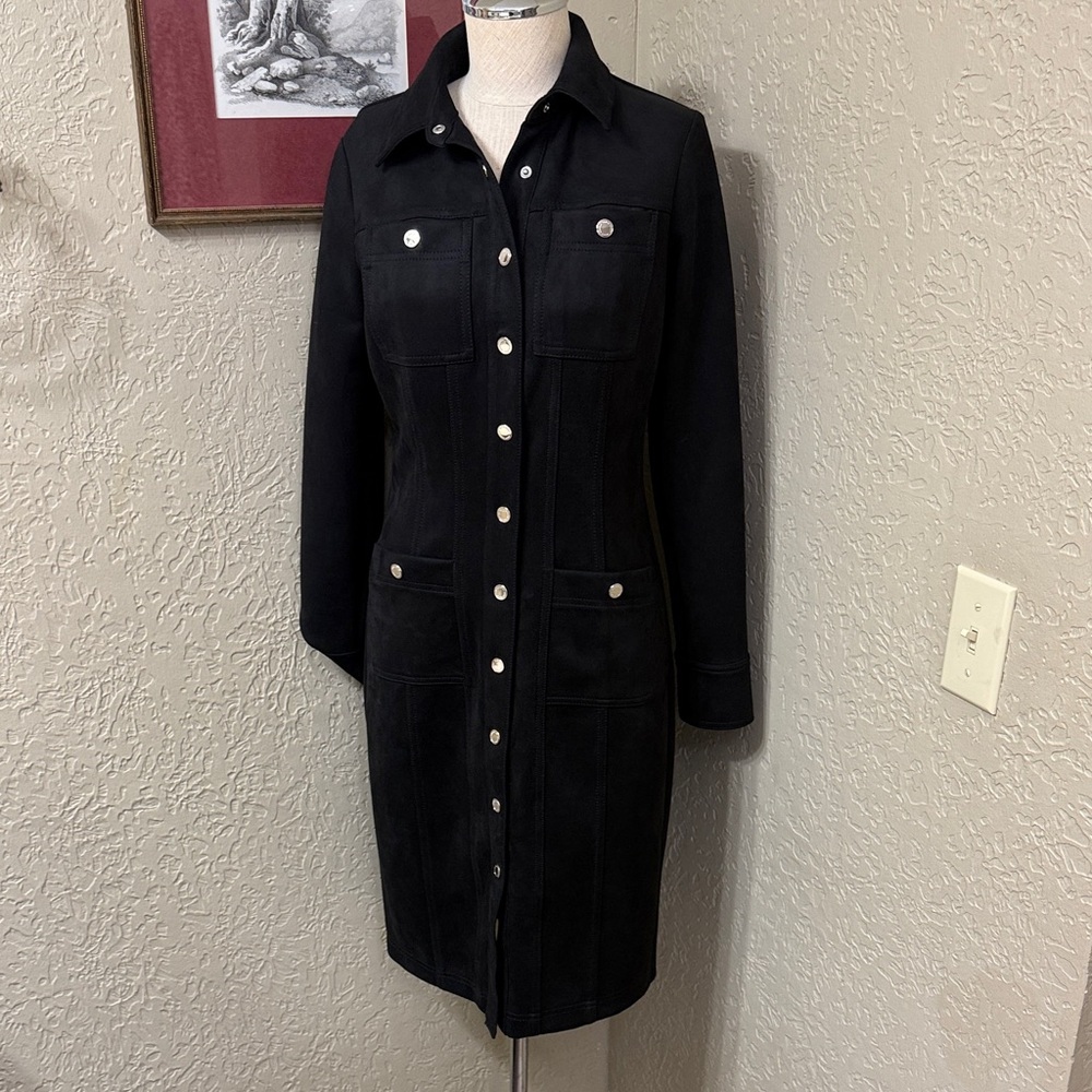 White House Black Market Black Button-Front Shirt Dress faux suede sz 0